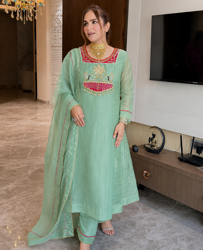 light green color embroidery beads work silk blend kurti set