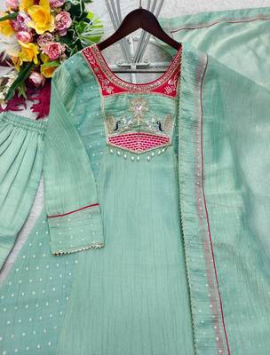 light green color embroidery beads work silk blend kurti set 2