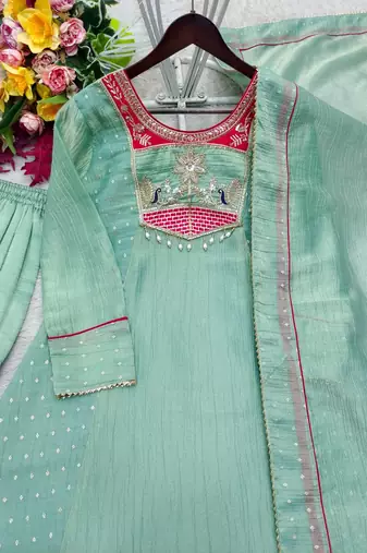 light green color embroidery beads work silk blend kurti set