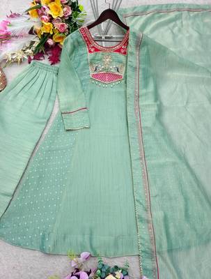light green color embroidery beads work silk blend kurti set 3