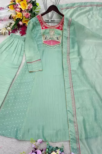 light green color embroidery beads work silk blend kurti set