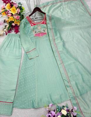light green color embroidery beads work silk blend kurti set 4