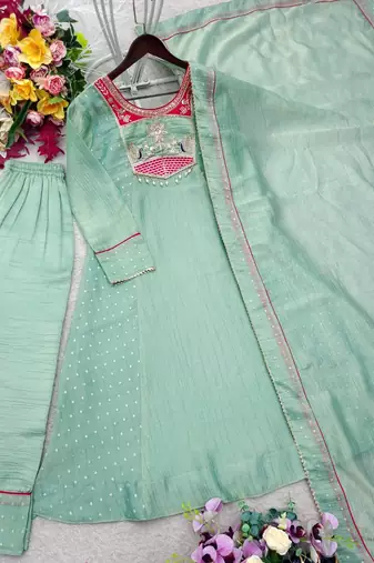 light green color embroidery beads work silk blend kurti set