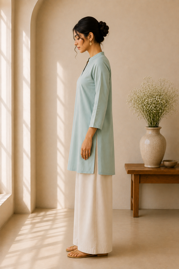 Blue cotton plain casual kurta set for women