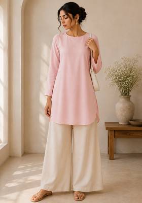Pink cotton plain casual kurta set for women 1