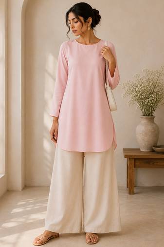 Pink cotton plain casual kurta set for women