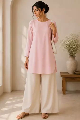 Pink cotton plain casual kurta set for women