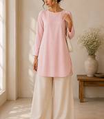 Pink cotton plain casual kurta set for women