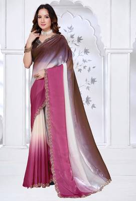 Sequin zarkan embroidered work pink and brown two tone satin saree 1