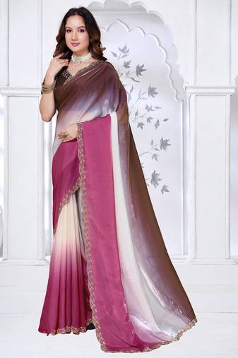 Sequin zarkan embroidered work pink and brown two tone satin saree