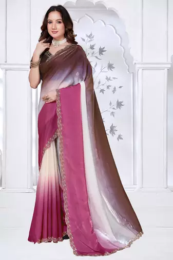Sequin zarkan embroidered work pink and brown two tone satin saree