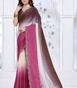 Sequin zarkan embroidered work pink and brown two tone satin saree
