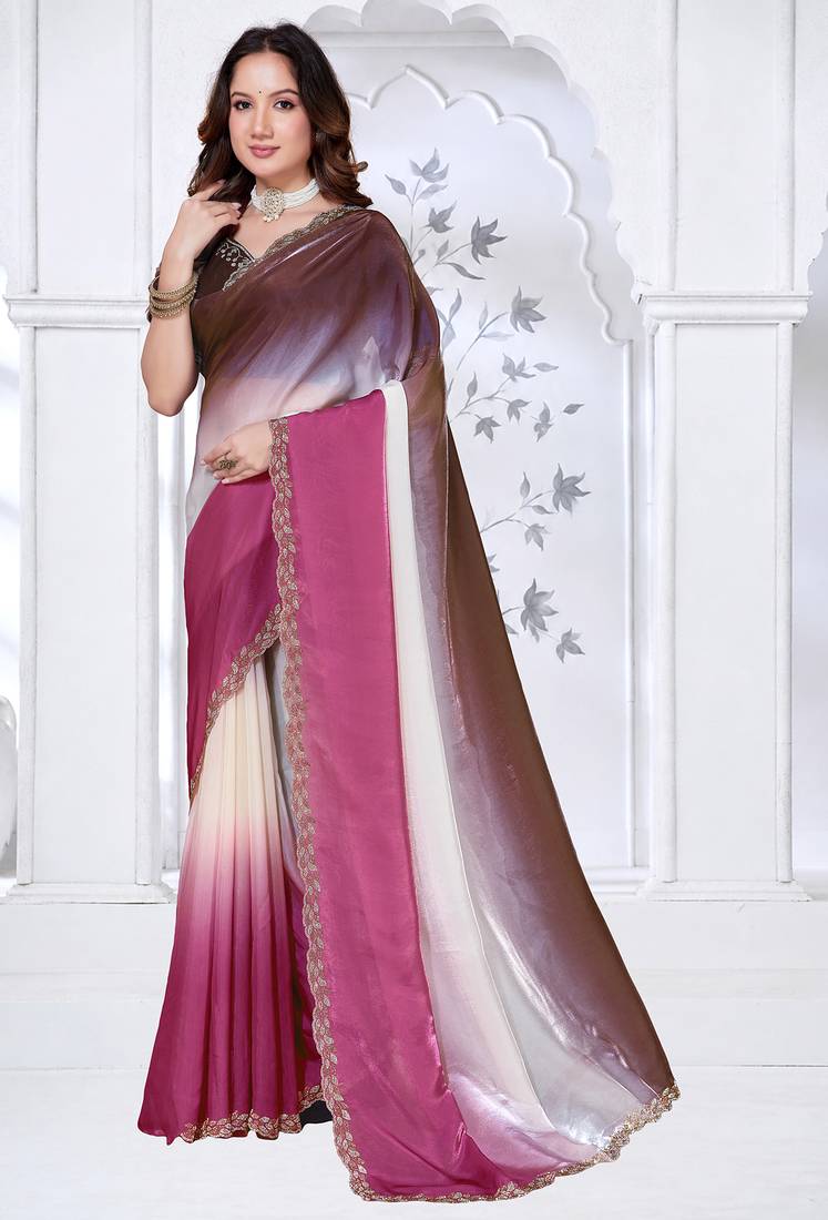 Sequin zarkan embroidered work pink and brown two tone satin saree