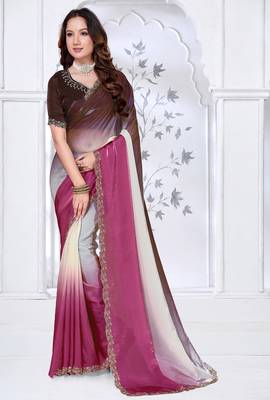Sequin zarkan embroidered work pink and brown two tone satin saree 2