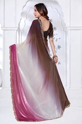 Sequin zarkan embroidered work pink and brown two tone satin saree 3