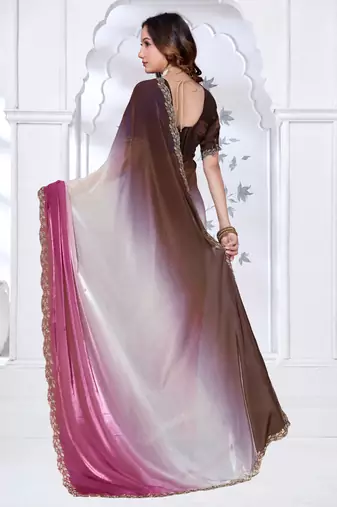 Sequin zarkan embroidered work pink and brown two tone satin saree