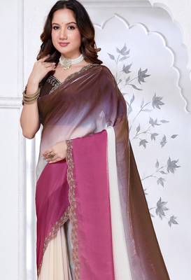 Sequin zarkan embroidered work pink and brown two tone satin saree 4
