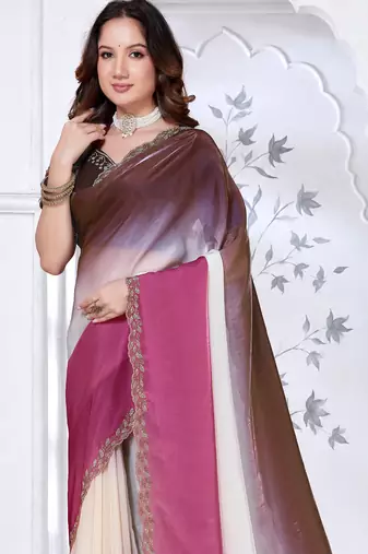 Sequin zarkan embroidered work pink and brown two tone satin saree