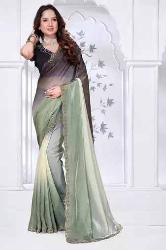 Sequin zarkan embroidered work green and black two tone satin saree