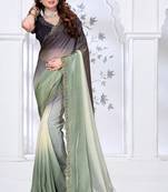 Sequin zarkan embroidered work green and black two tone satin saree