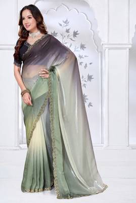 Sequin zarkan embroidered work green and black two tone satin saree 2