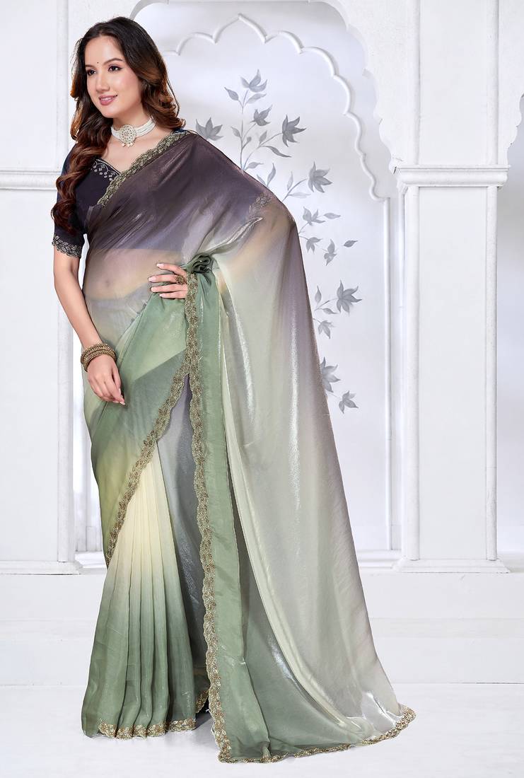 Sequin zarkan embroidered work green and black two tone satin saree