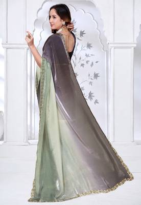 Sequin zarkan embroidered work green and black two tone satin saree 3