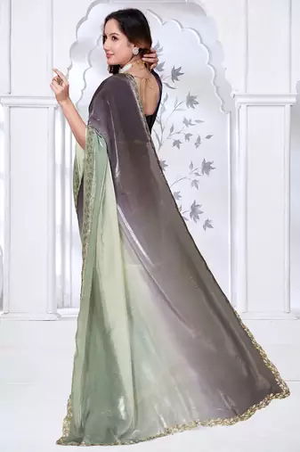 Sequin zarkan embroidered work green and black two tone satin saree