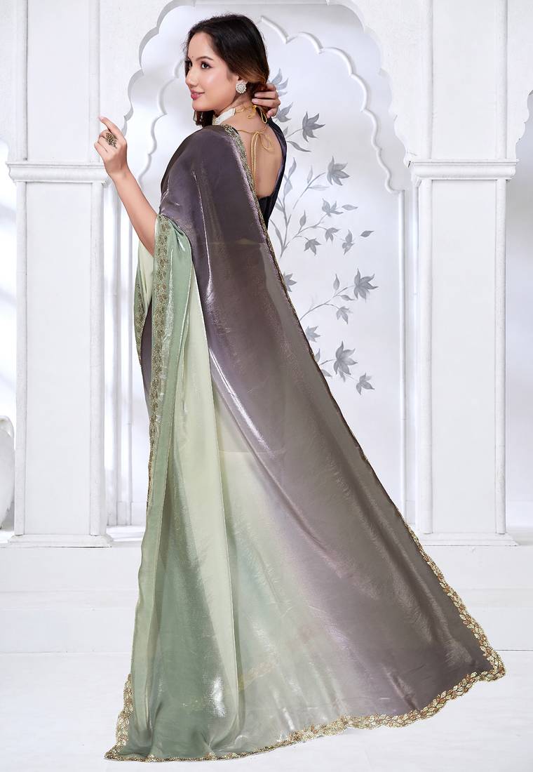 Sequin zarkan embroidered work green and black two tone satin saree