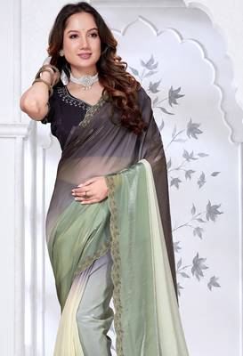 Sequin zarkan embroidered work green and black two tone satin saree 4