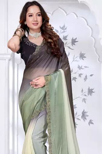 Sequin zarkan embroidered work green and black two tone satin saree