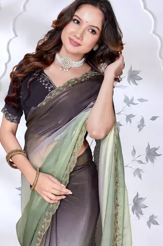 Sequin zarkan embroidered work green and black two tone satin saree