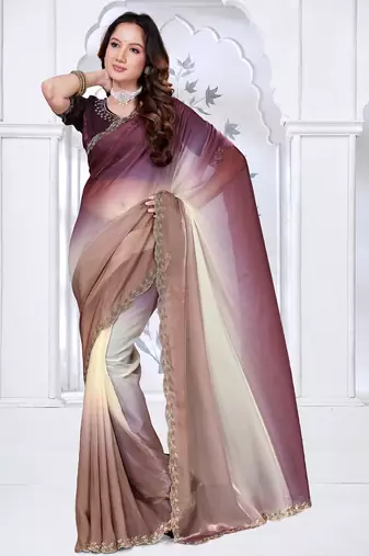Sequin zarkan embroidered work multicolor satin saree