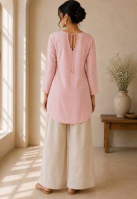 Pink cotton plain casual kurta set for women 2