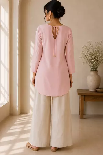 Pink cotton plain casual kurta set for women