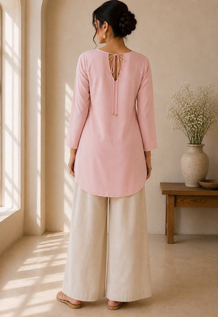 Pink cotton plain casual kurta set for women