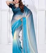 Sequin zarkan embroidered work sky blue color satin saree