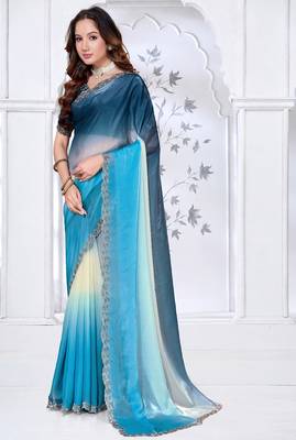 Sequin zarkan embroidered work sky blue color satin saree 2