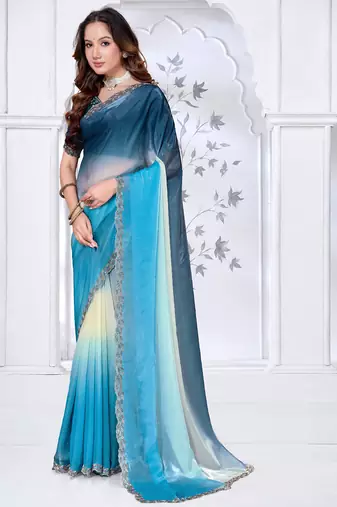 Sequin zarkan embroidered work sky blue color satin saree