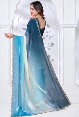 Sequin zarkan embroidered work sky blue color satin saree 3