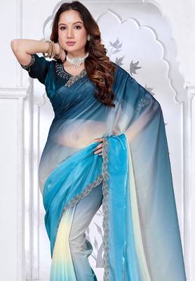 Sequin zarkan embroidered work sky blue color satin saree 4
