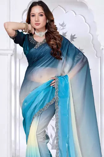 Sequin zarkan embroidered work sky blue color satin saree