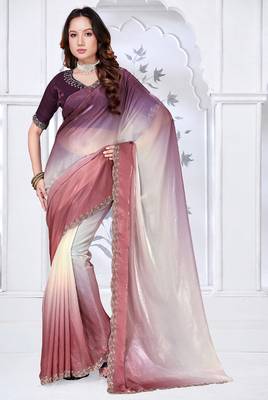 Sequin zarkan embroidered work multicolor two tone satin saree 1