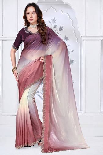 Sequin zarkan embroidered work multicolor two tone satin saree