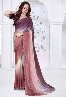 Sequin zarkan embroidered work multicolor two tone satin saree 2