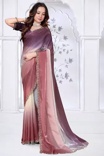 Sequin zarkan embroidered work multicolor two tone satin saree