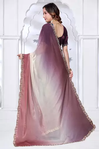 Sequin zarkan embroidered work multicolor two tone satin saree