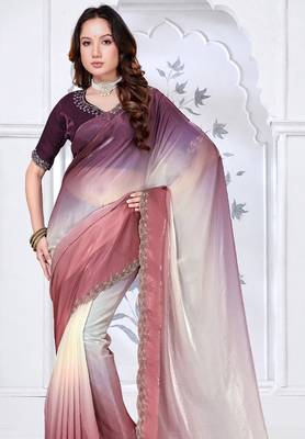 Sequin zarkan embroidered work multicolor two tone satin saree 4