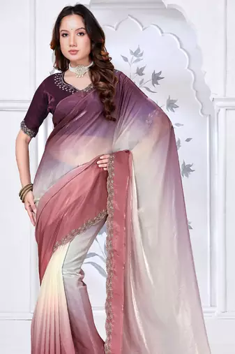 Sequin zarkan embroidered work multicolor two tone satin saree