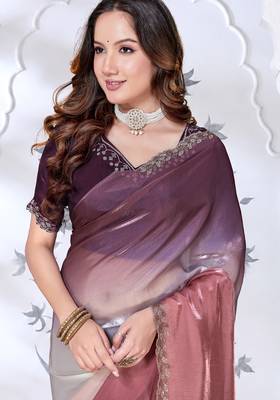 Sequin zarkan embroidered work multicolor two tone satin saree 5